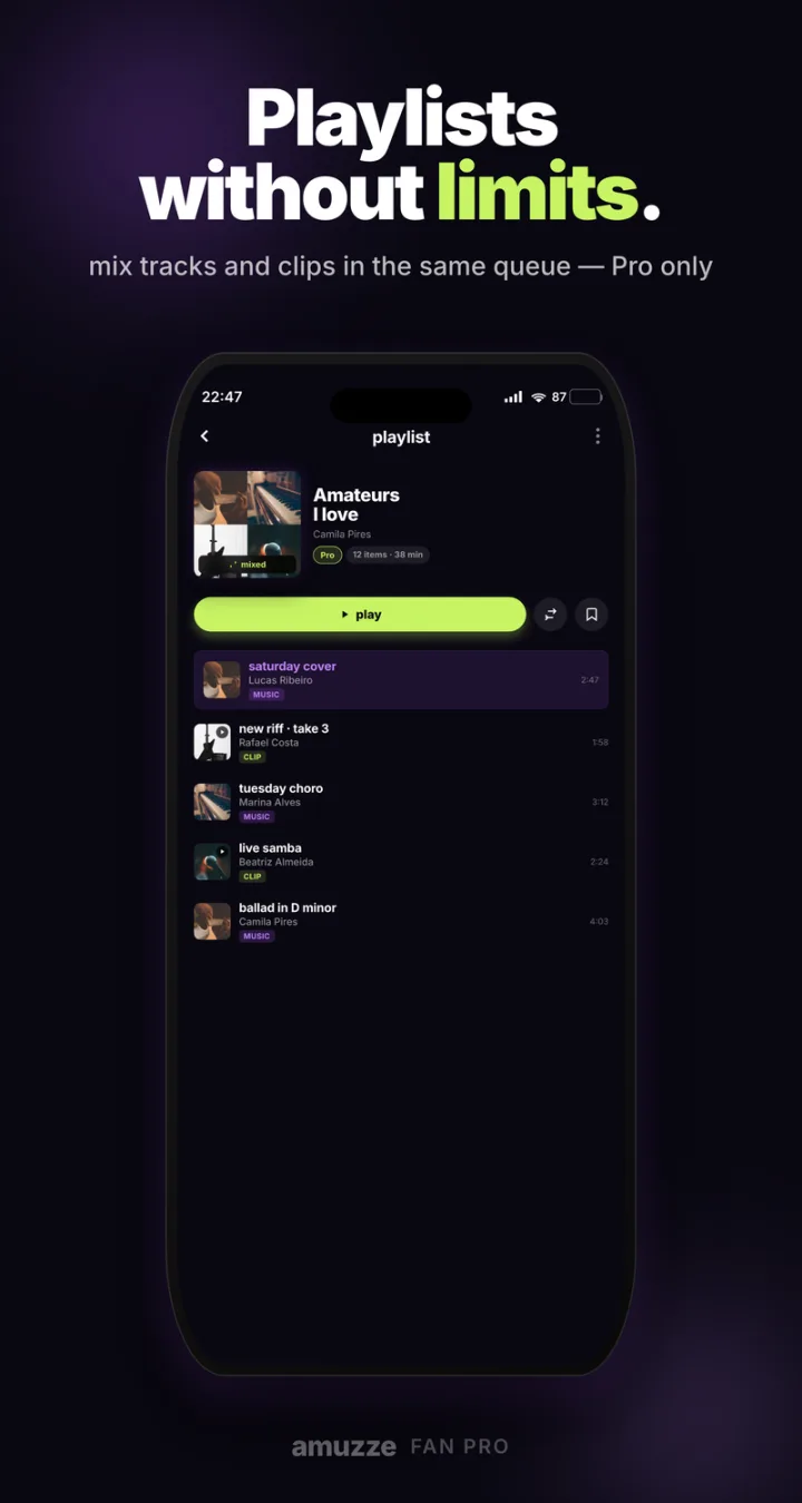 Playlists without limits — mix tracks and clips in the same queue